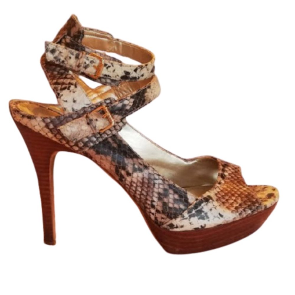 GUESS Stiletto Heel Snake Snake Print Sandals 10